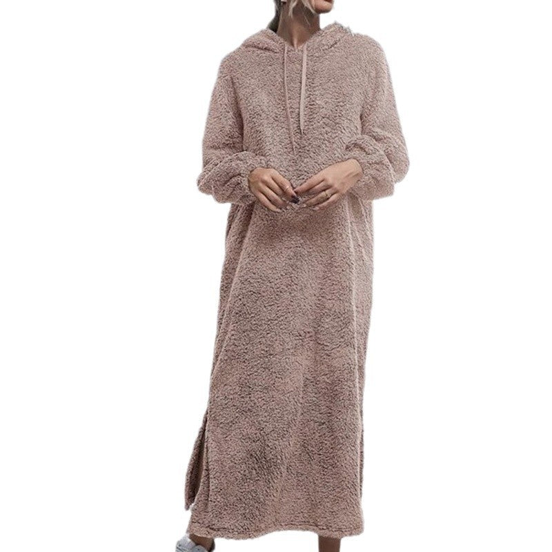 Damen Flauschiger Fleece-Hoodie-Kleid mit Ohren und seitlichen Schlitzen Shopnory