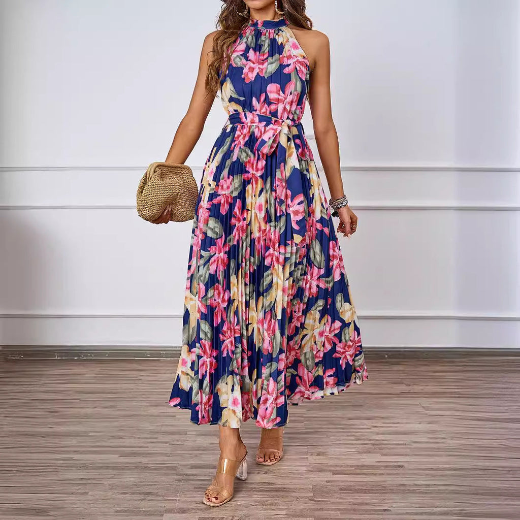 Damen Maxikleid mit detaillierter Plisseeverarbeitung und schickem Bindegürtel