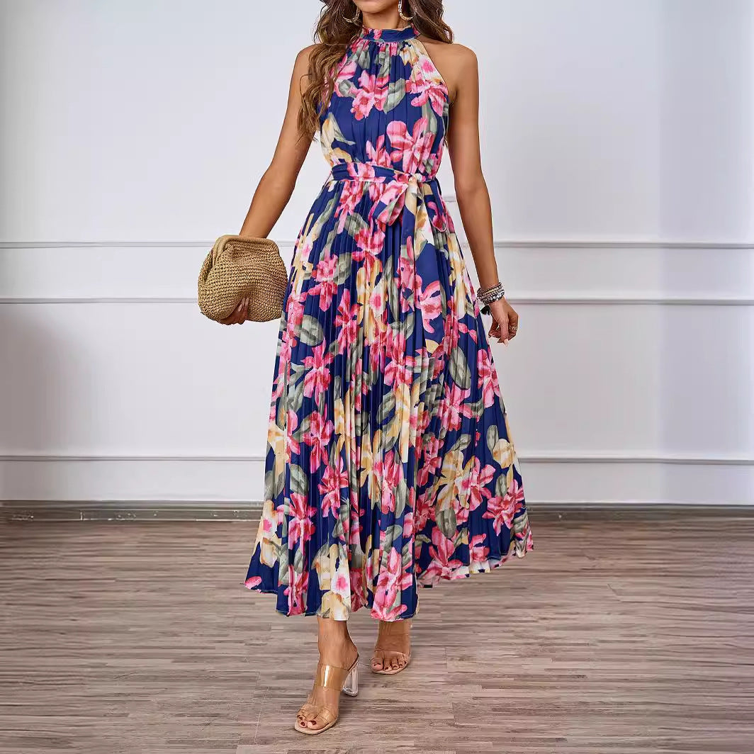Damen Maxikleid mit detaillierter Plisseeverarbeitung und schickem Bindegürtel
