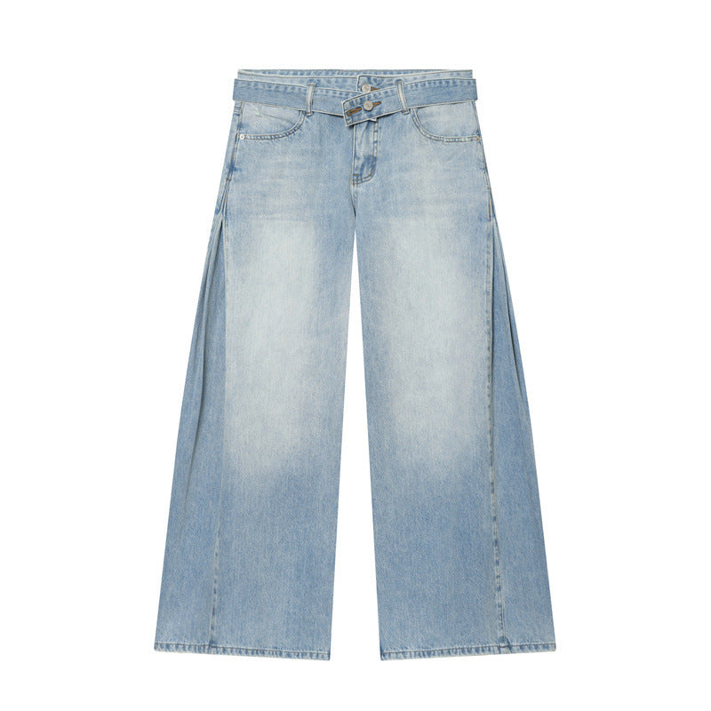 Damen Weite Denim-Hose mit seitlichen Falteneinsätzen, High‑Waist und Taillengürtel Shop Nory