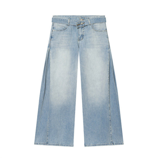 Damen Weite Denim-Hose mit seitlichen Falteneinsätzen, High‑Waist und Taillengürtel Shop Nory