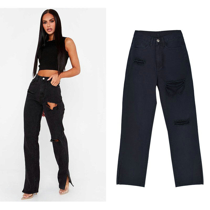 Damen lässige Ripped Jeans mit hoher Taille und modernen Fransen