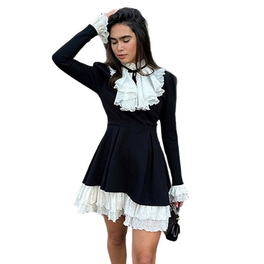 Damen nan viktorianisches Rüschenkleid mit Stehkragen, gerafftem Volant und mehrlagigem Plissee-Unterrock Shop Nory