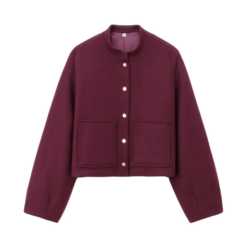 Damen Cropped Wollboxy‑Jacke mit kurzem Stehkragen und aufgesetzten Taschen Shop Nory