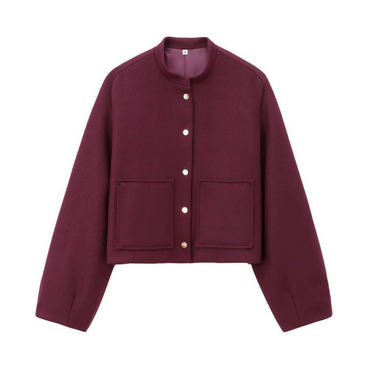 Damen Cropped Wollboxy‑Jacke mit kurzem Stehkragen und aufgesetzten Taschen Shop Nory