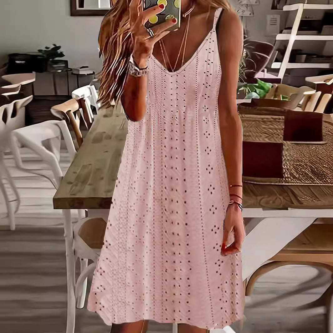 Damen Ärmelloses Sommerkleid mit dekorativem Lochmuster und V-Ausschnitt