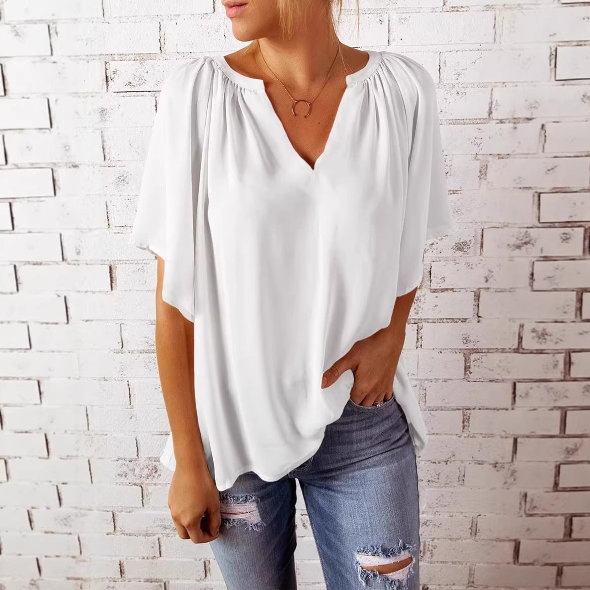 Damen lockeres Blusenshirt mit V-Ausschnitt und luftigen Ärmeln