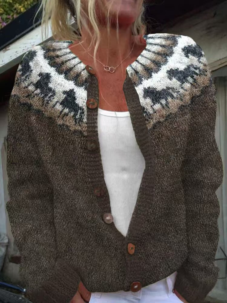 Damen nan gemusterte Strickjacke mit Rundpasse, Holzknöpfen und Eingrifftaschen Shop Nory