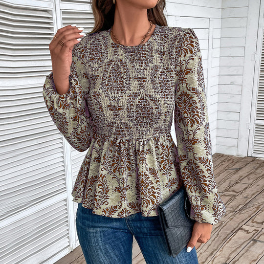Damen Gerafftes Smock-Blusenshirt mit Peplum und voluminösen Puffärmeln Shop Nory
