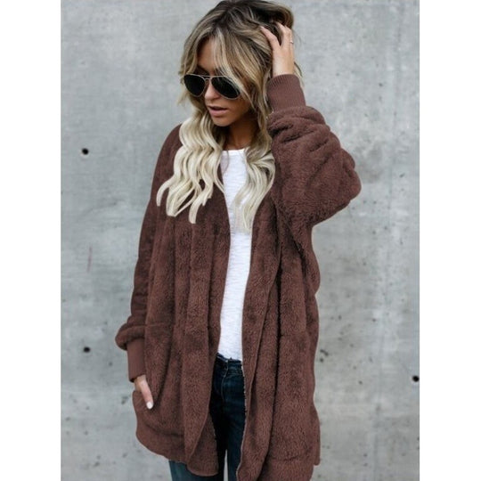 Damen Kuschelige Teddy‑Fleece‑Cardigan mit Kapuze, Oversize‑Schnitt und aufgesetzten Taschen Shop Nory