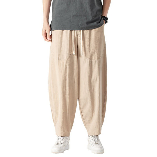 Herren Lässige Leinen-Baumwoll-Hose mit weitem Bein, Kordelzug und aufgesetzten Taschen Shop Nory
