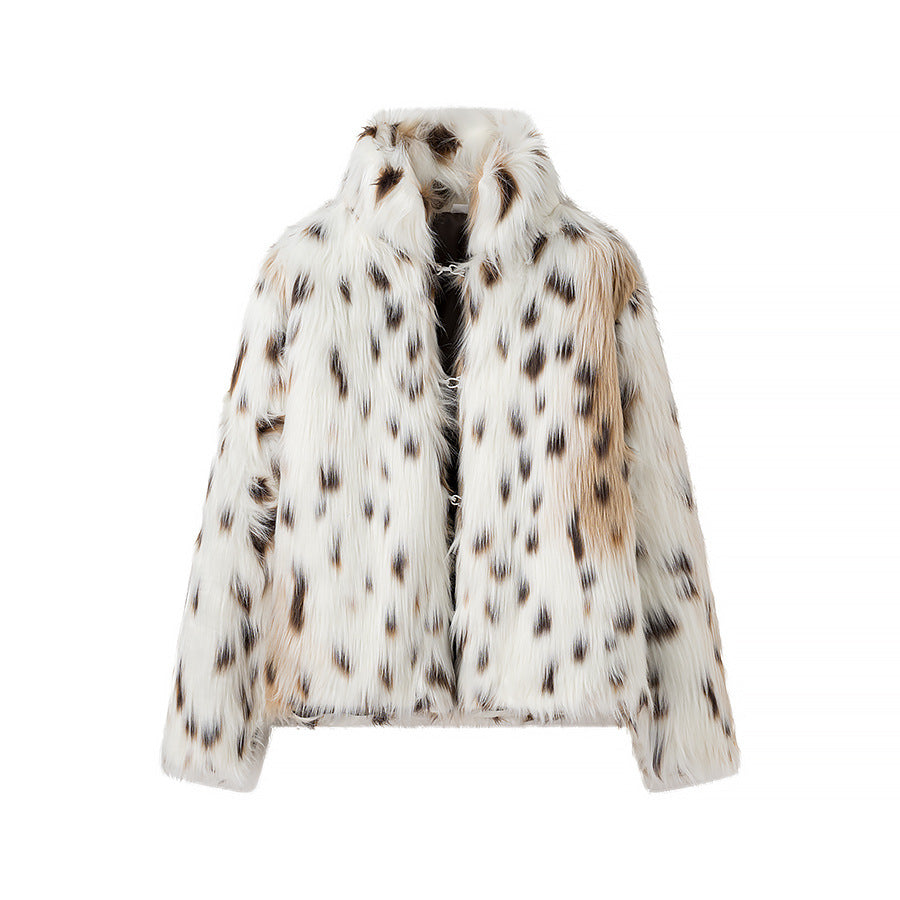 Damen Kurzfelljacke aus Kunstfell mit Leoprint und kastiger Silhouette Shop Nory