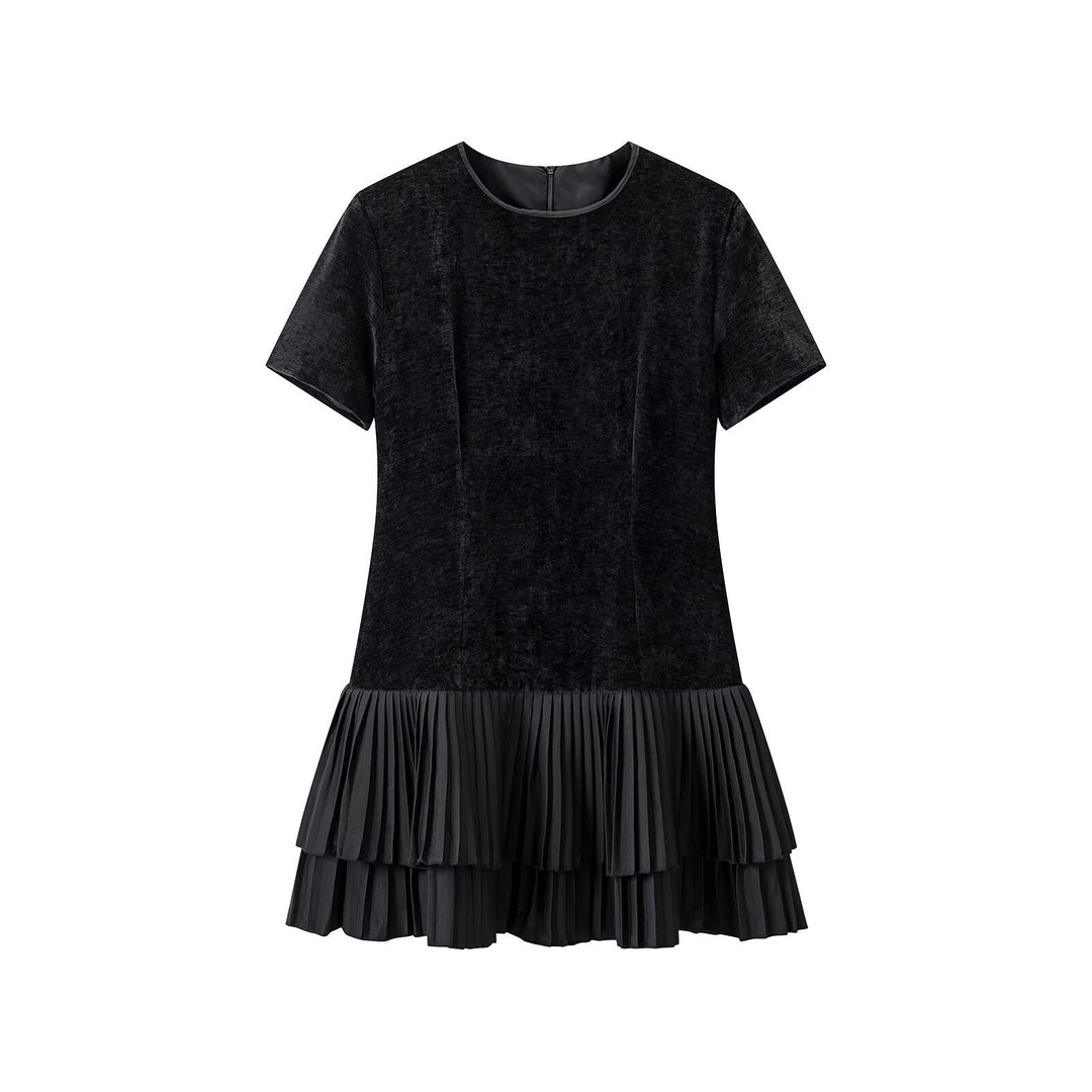 Damen Samt-Midikleid mit kurzen Ärmeln und gestuftem Plisseerock Shop Nory
