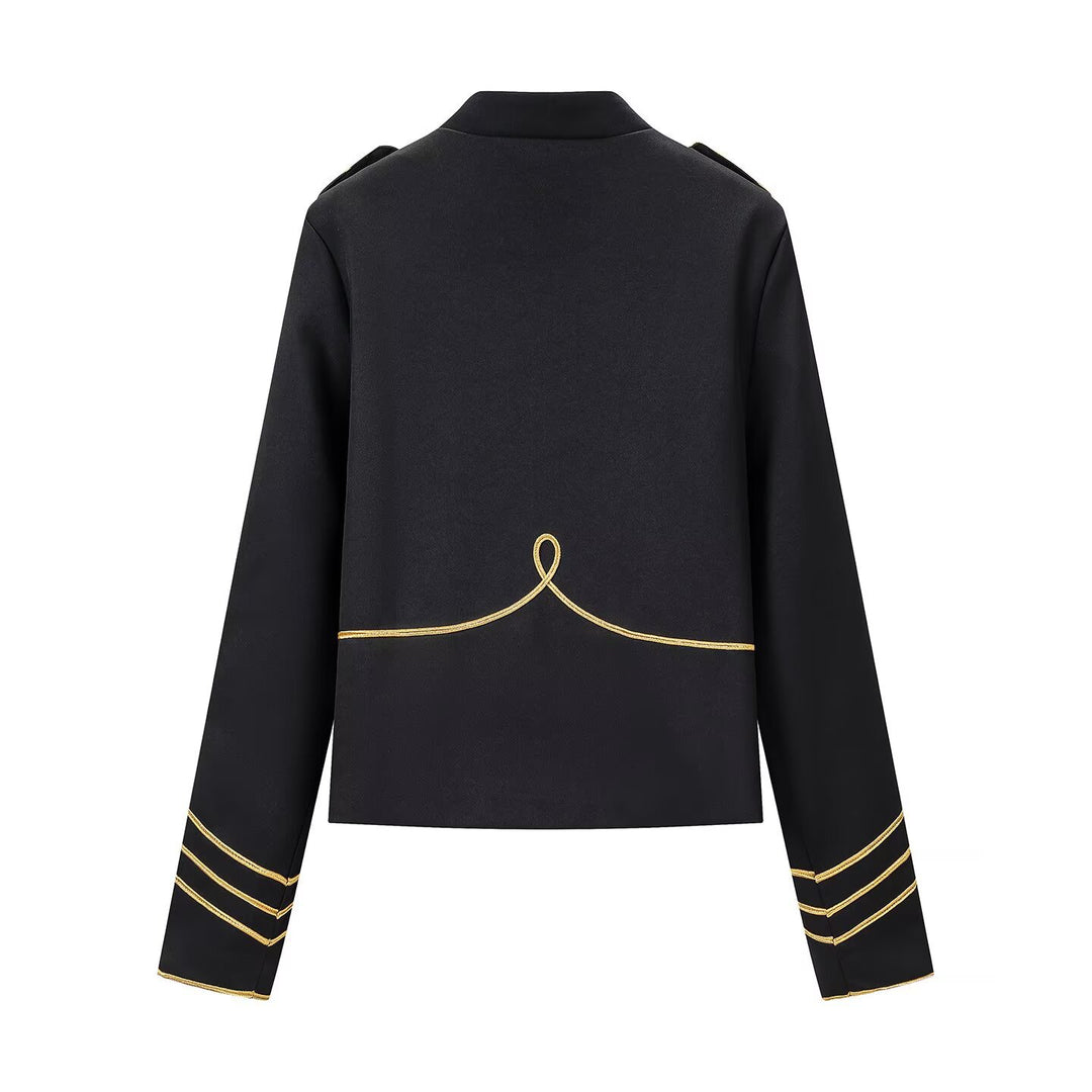 Damen Militärinspirierte Kurzjacke mit Stehkragen und goldenen Zierstreifen Shop Nory