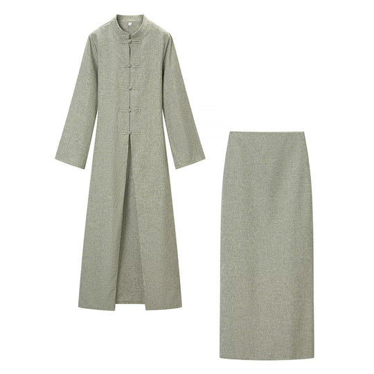 Damen Langärmliges Maxikleid mit Stehkragen Knebelknopfverschluss und vorderem Schlitz Shop Nory