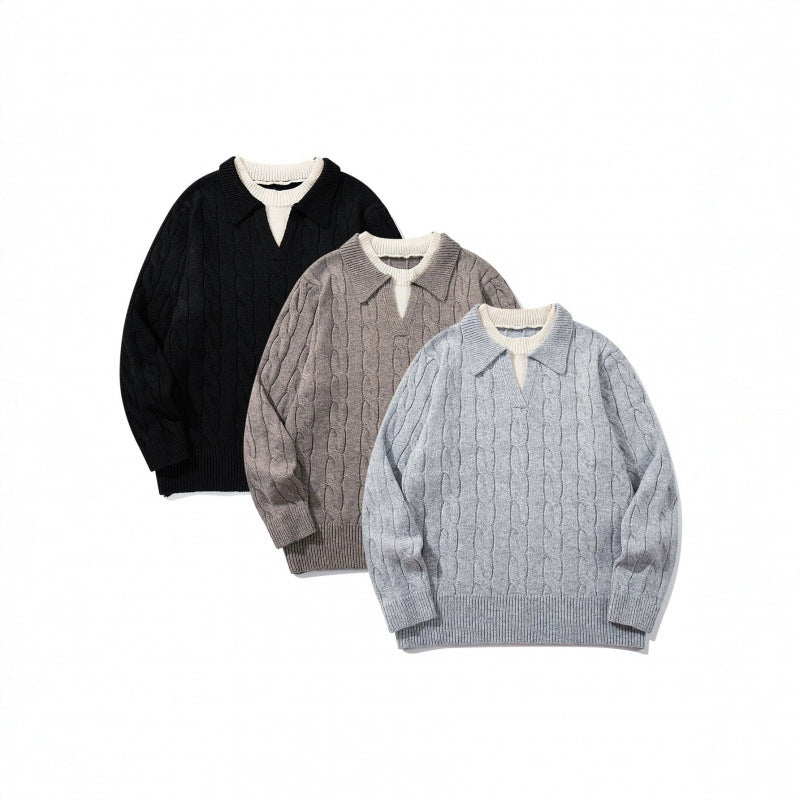Herren Grobgestrickter Zopfmuster-Pullover mit Polokragen und V‑Ausschnitt Shop Nory