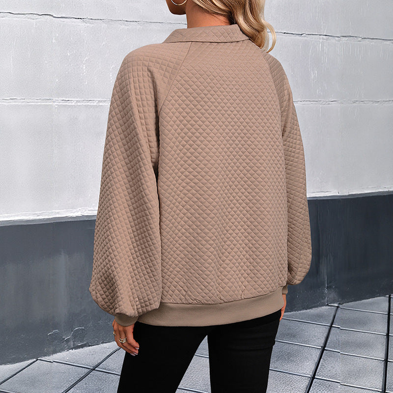 Damen Stepp-Polo-Sweatshirt mit Knopfleiste, Kängurutasche und Balloon-Ärmeln Shop Nory