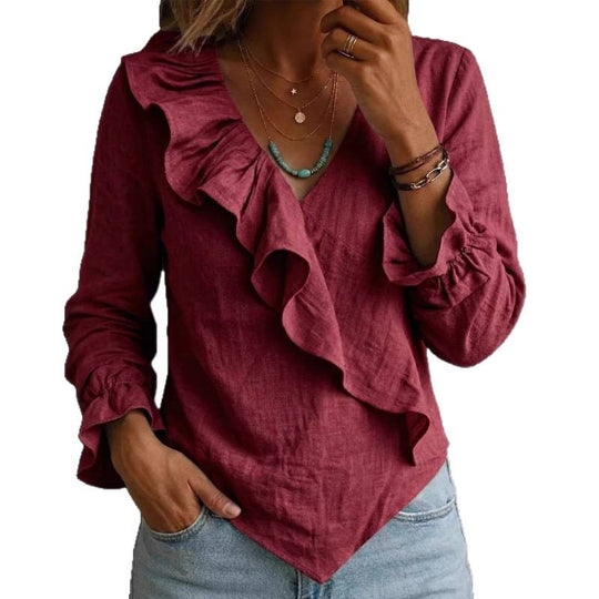 Damen Volant‑Bluse im Leinenlook mit Wickeloptik und asymmetrischem Zipfelsaum Shop Nory