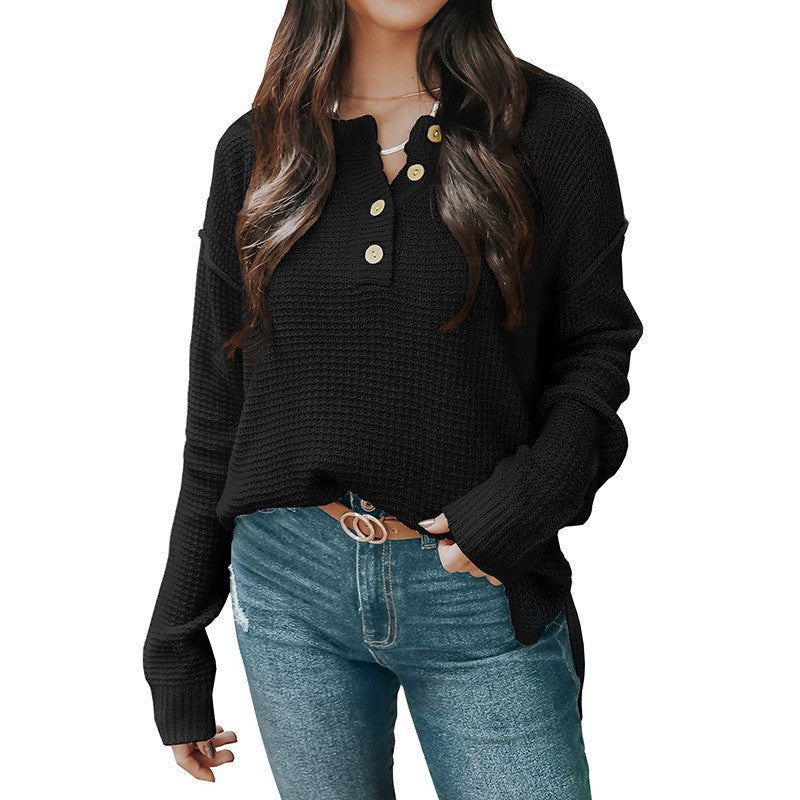 Damen nan lockerer Waffelstruktur Henley Pullover mit Knopfleiste und überschnittener Schulter Shop Nory