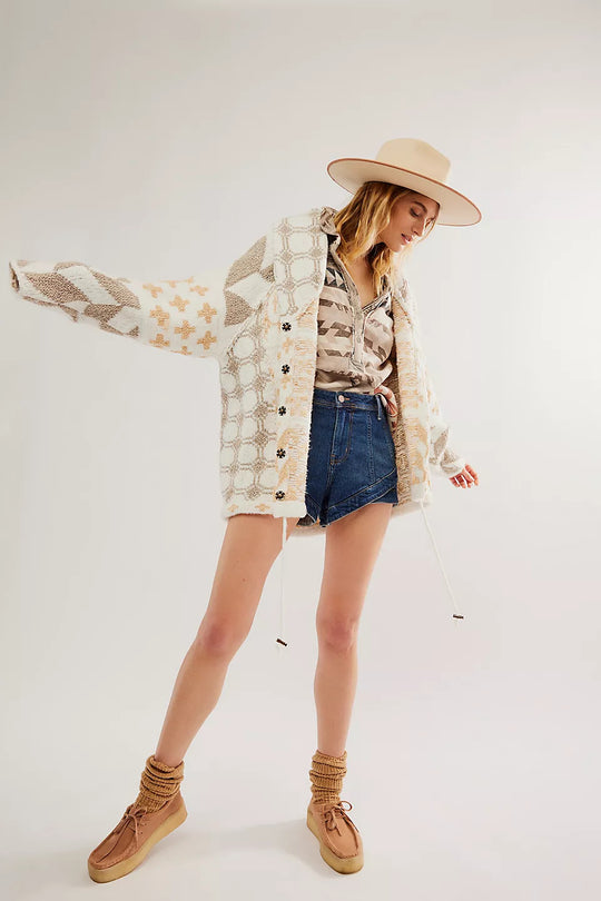 Damen Oversized Strickjacke mit Schalkragen und grafischem Muster Shop Nory