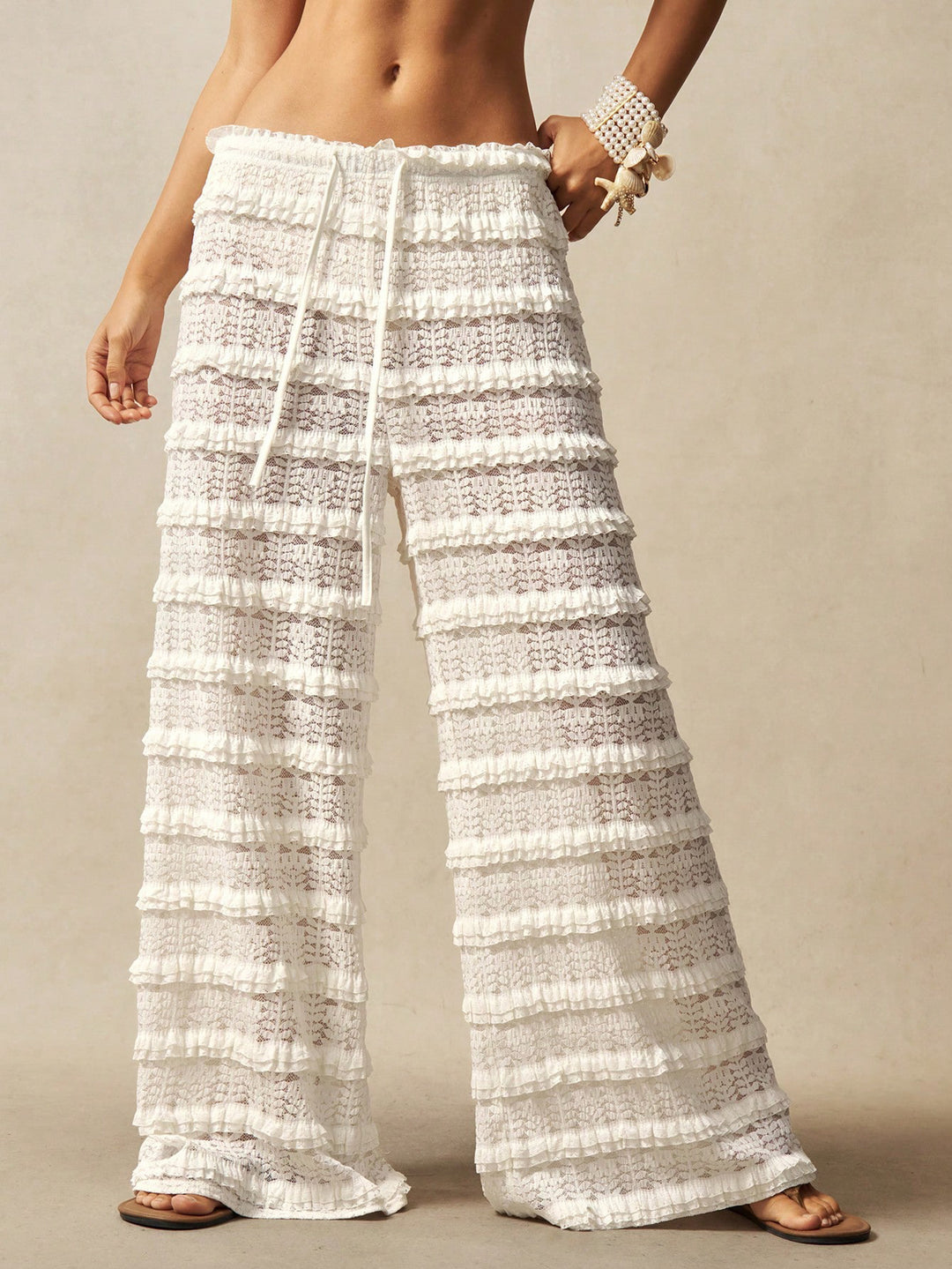 Damen Weite Spitzen-Hose mit Stufenvolants, Smokbund und Kordelzug Shop Nory