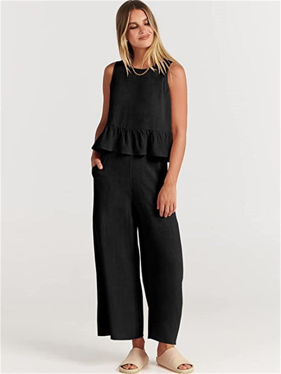 Damen luftiges Zweiteiler-Set mit schickem Peplum-Top und weitem Hose