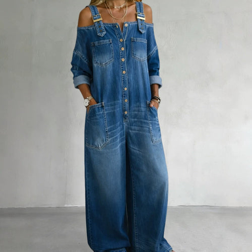 Damen Modischer Denim-Overall mit Off-Shoulder Design