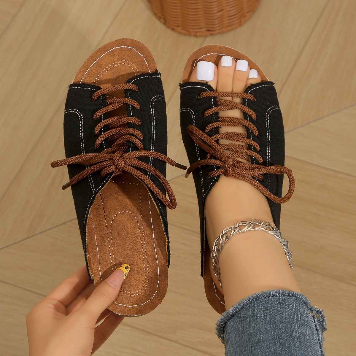 Damen bequeme Freizeit-Sandalen mit Schnürung und atmungsaktiver Textiloberfläche