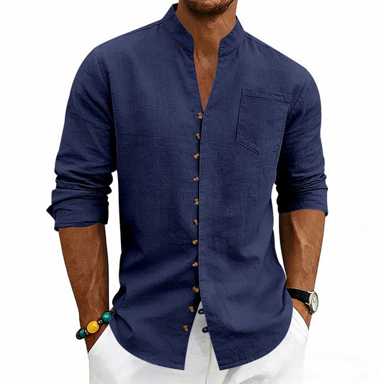 Herren Hemd mit Stehkragen und asymmetrischer Knopfleiste aus Leinenmix Shop Nory