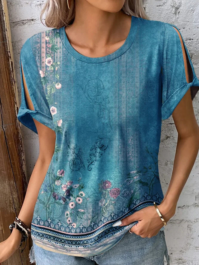 Damen T-Shirt mit floralem Muster und cut-out Ärmeln