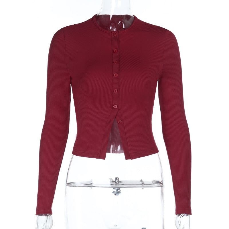 Damen Kurz geschnittene Rippstrick-Cardigan mit Knopfleiste Shop Nory