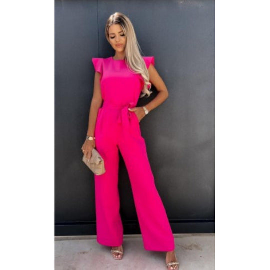Frauen Fließender Weitbeiniger Jumpsuit mit Rüsche Ärmel