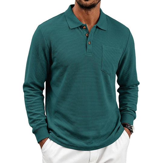 Herren Waffelstrukturiertes Langarm-Poloshirt mit Brusttasche und Holzknopfleiste Shop Nory