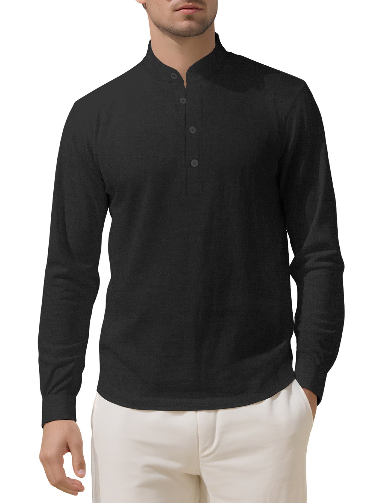 Herren nan Nehru-Kragen-Henley aus Baumwollstretch mit verdeckter Knopfleiste und schmaler Passform