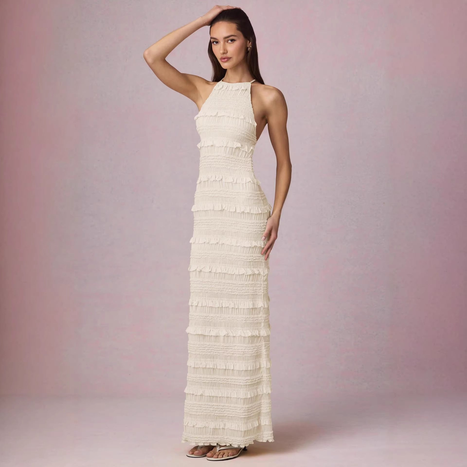 Damen Maxi-Kleid mit fransendem Design und elegantem Halterneck