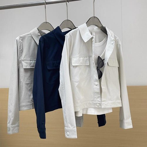 Damen Kurze Overshirt-Jacke aus strukturiertem Canvas mit Brusttaschen Shop Nory