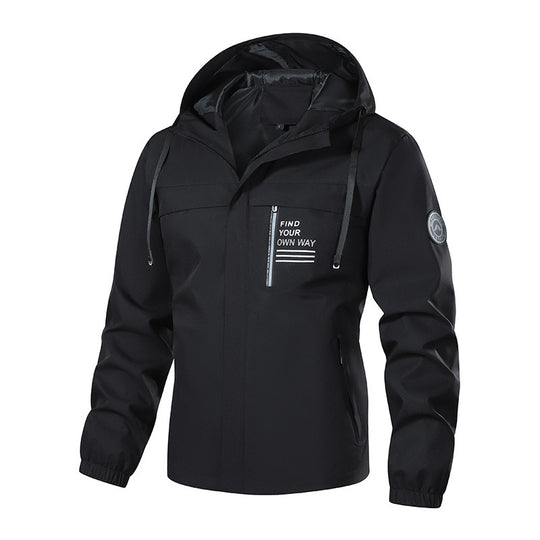 Herren Softshell-Outdoorjacke mit Kapuze, wasserabweisend und Brust-Reißverschlusstasche Shop Nory