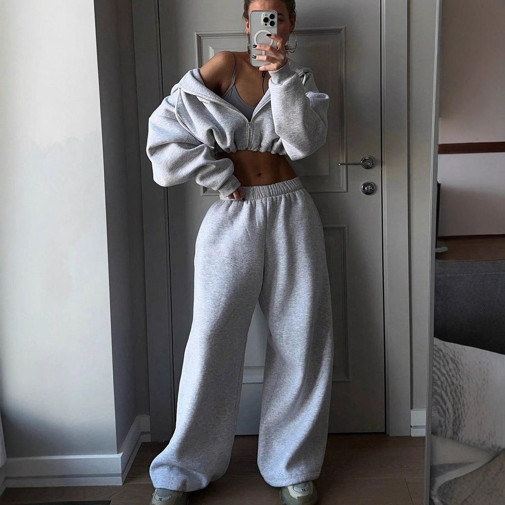 Damen Cropped Hoodie und lässige Sweatpants mit elastischem Bund