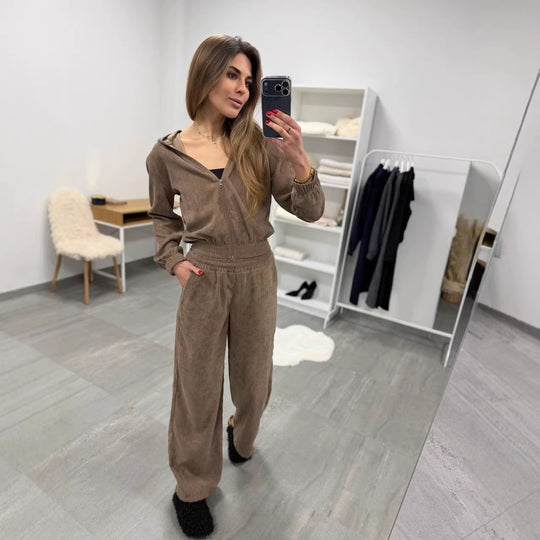 Damen weiches Cordvelours-Zweiteiler mit kurzer Kapuzenzipjacke und weiter Komforthose Shop Nory