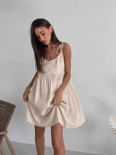 Damen lässiges Spaghettiträger-Kleid mit elastischem Bund und dekorativen Schleifen