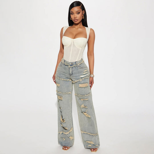 Damen Hochtaillierte Oversize-Jeans mit weitem Bein und ausgefransten Rissen Shop Nory