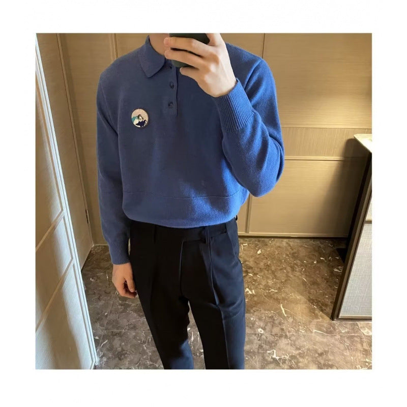 Herren Polokragen-Feinstrickpullover mit Emblem und gerippten Bündchen Shop Nory