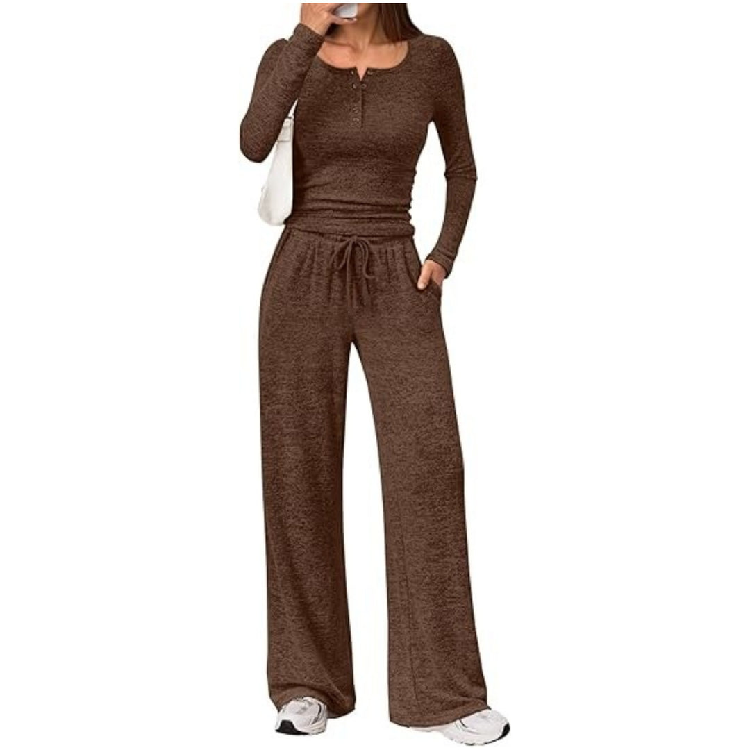 Damen Zweiteiliges Feinstrick-Lounge-Set mit Henley-Top und Palazzo-Hose Shop Nory