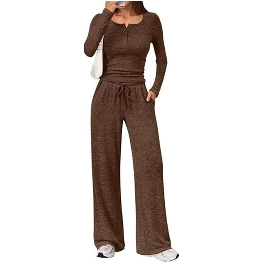 Damen Zweiteiliges Feinstrick-Lounge-Set mit Henley-Top und Palazzo-Hose Shop Nory