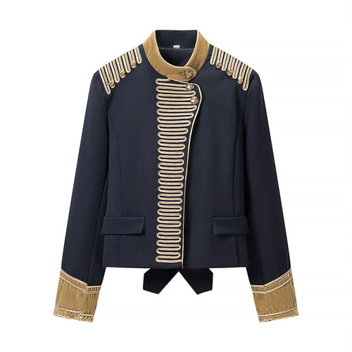Damen Kurze militärisch inspirierte Jacke mit Stehkragen, Zierkordeln und goldbesetzten Manschetten Shop Nory