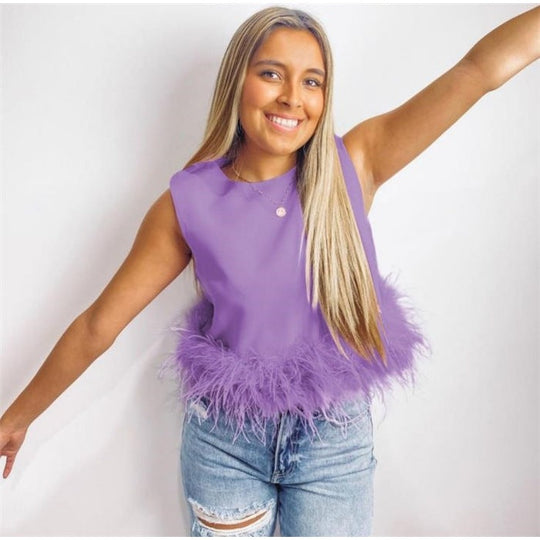 Damen Elegantes Top mit Federn und Rundhalsausschnitt