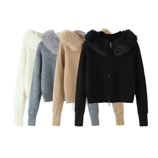 Damen Kurzgeschnittene Strickjacke mit Reißverschluss und abnehmbarem Kunstfellkragen Shop Nory
