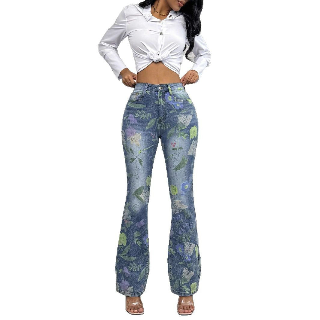 Damen Hochtaillierte Floral-Print Denim-Jeans im leichten Flared‑Straight Schnitt Shop Nory