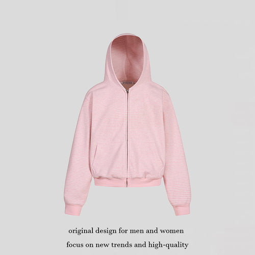 Damen Kurz geschnittene Kapuzen-Sweatjacke mit kurzem Bund, Streifenstruktur und Reißverschluss Shop Nory