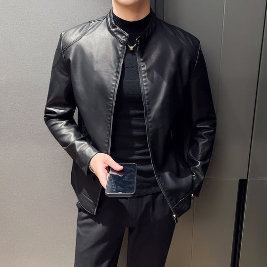 Herren schlanker Kunstlederblouson Motorrad-inspiriertes Design mit kurzem Stehkragen und verdecktem Reißverschluss Shop Nory